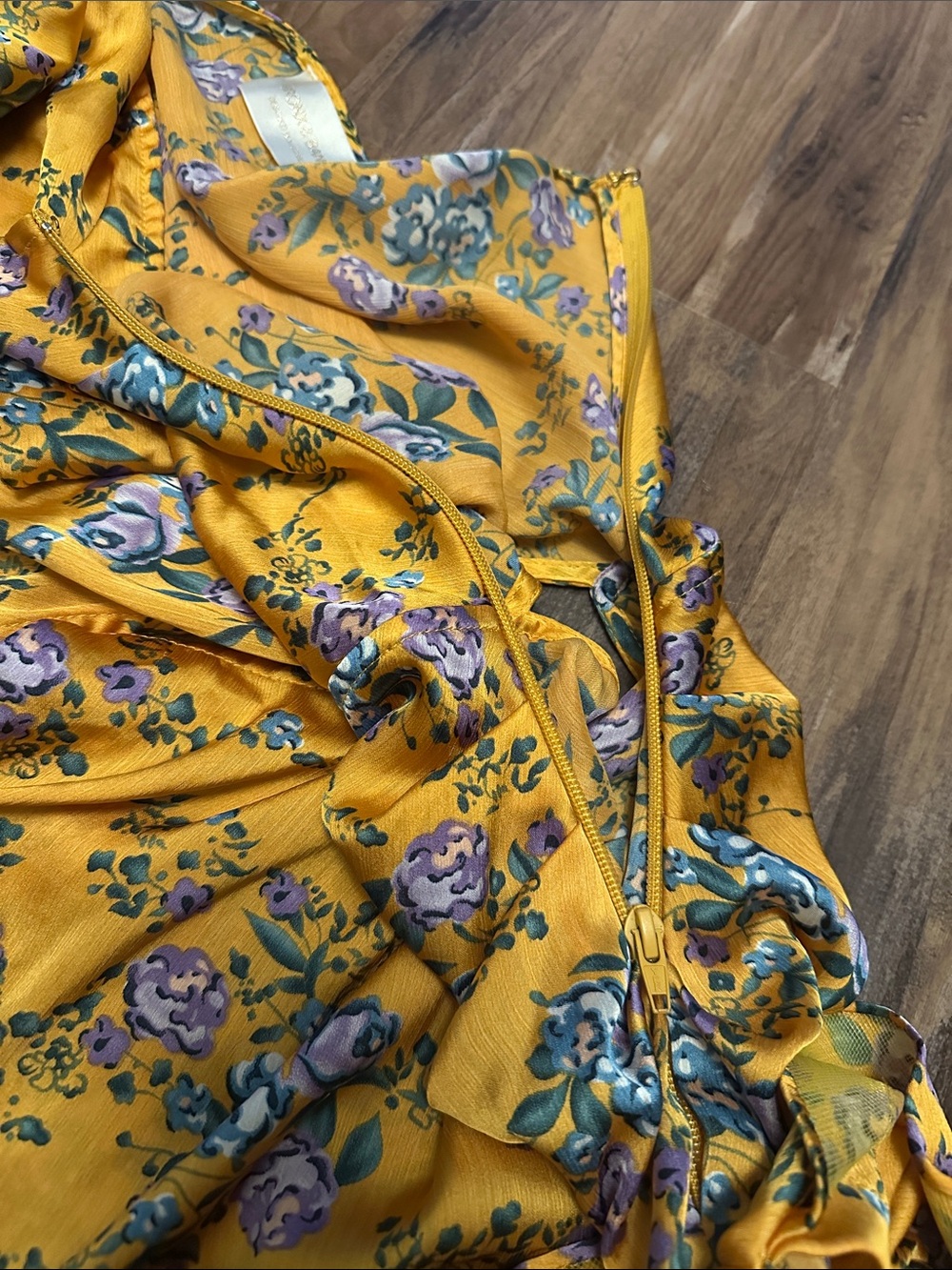 Bronx and Banco Mustard Yellow Floral Dress with Purple & Green Print - Picture 6 of 8